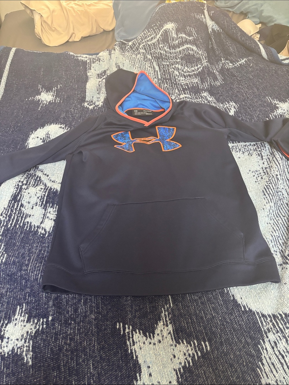 Boys XL Under Armour Navy Hoodie with Blue & Orange Logo Trim